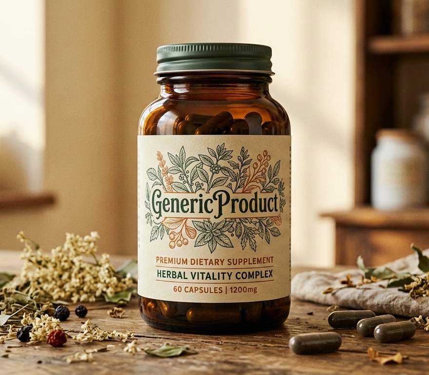 GenericProduct – integratore alimentare italiano in flacone elegante su sfondo naturale